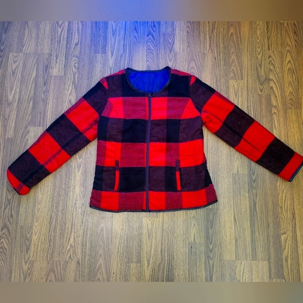 Tribal Reversible Red & Black Fleece Buffalo Plaid Denim Jacket M A26